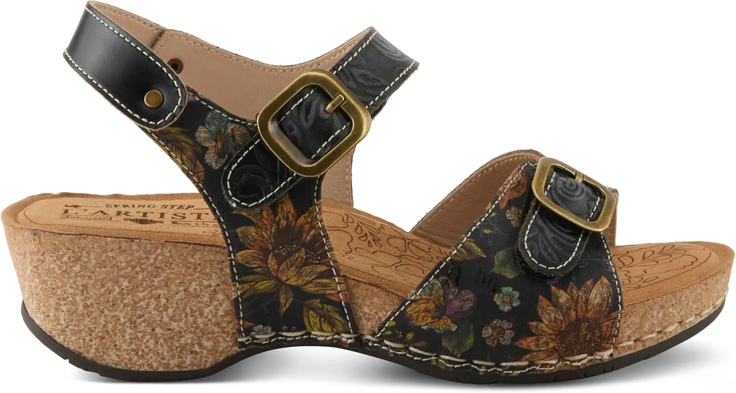 L'Artiste Women's OSUNA Hook-and-Loop Leather Sandals – Floral Cork Design, Adjustable Straps, Cushioned Demi-Wedge Sole