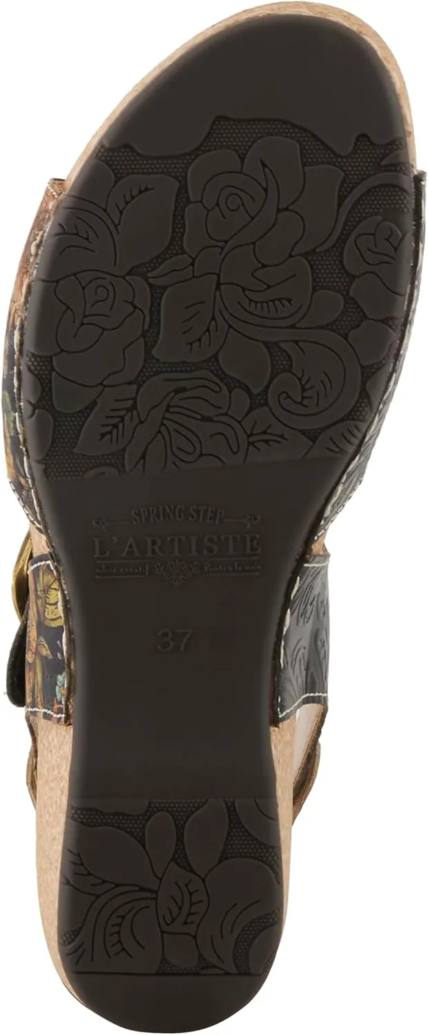 L'Artiste Women's OSUNA Hook-and-Loop Leather Sandals – Floral Cork Design, Adjustable Straps, Cushioned Demi-Wedge Sole
