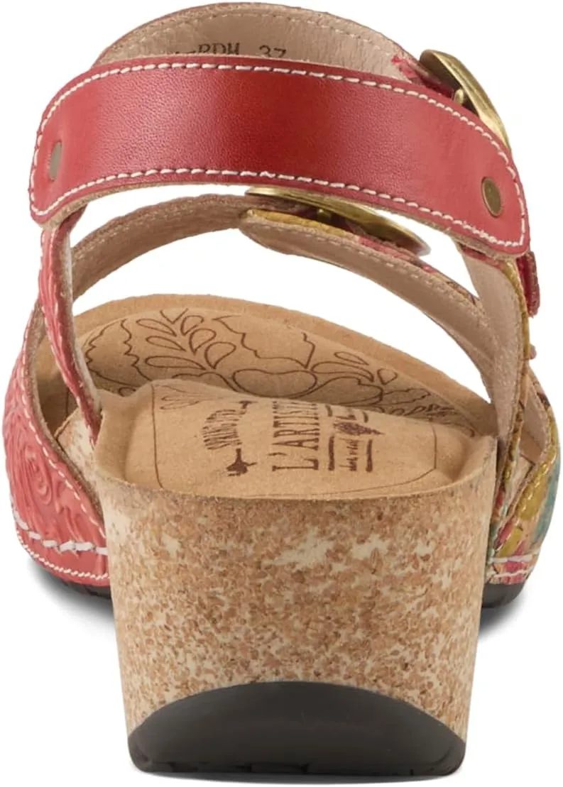 L'Artiste Women's OSUNA Hook-and-Loop Leather Sandals – Floral Cork Design, Adjustable Straps, Cushioned Demi-Wedge Sole