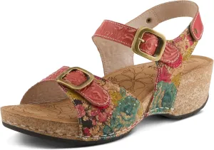 L'Artiste Women's OSUNA Hook-and-Loop Leather Sandals – Floral Cork Design, Adjustable Straps, Cushioned Demi-Wedge Sole