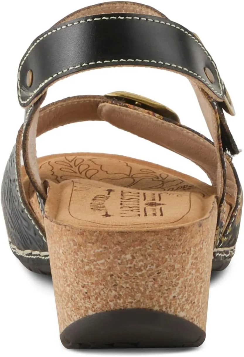 L'Artiste Women's OSUNA Hook-and-Loop Leather Sandals – Floral Cork Design, Adjustable Straps, Cushioned Demi-Wedge Sole
