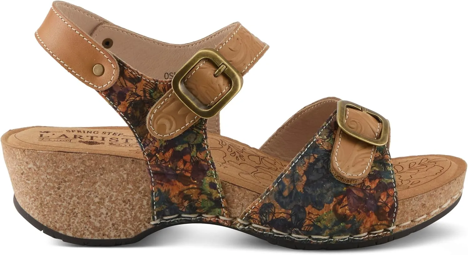 L'Artiste Women's OSUNA Hook-and-Loop Leather Sandals – Floral Cork Design, Adjustable Straps, Cushioned Demi-Wedge Sole