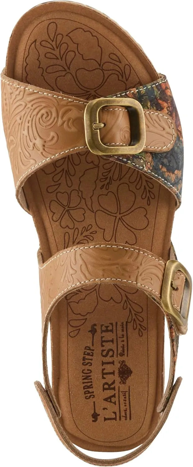 L'Artiste Women's OSUNA Hook-and-Loop Leather Sandals – Floral Cork Design, Adjustable Straps, Cushioned Demi-Wedge Sole