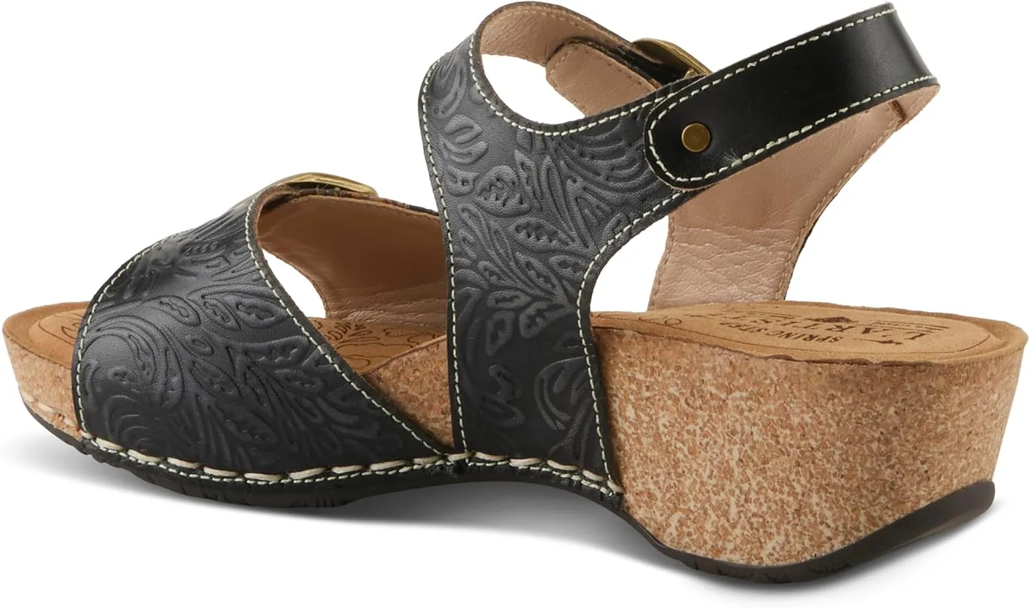 L'Artiste Women's OSUNA Hook-and-Loop Leather Sandals – Floral Cork Design, Adjustable Straps, Cushioned Demi-Wedge Sole