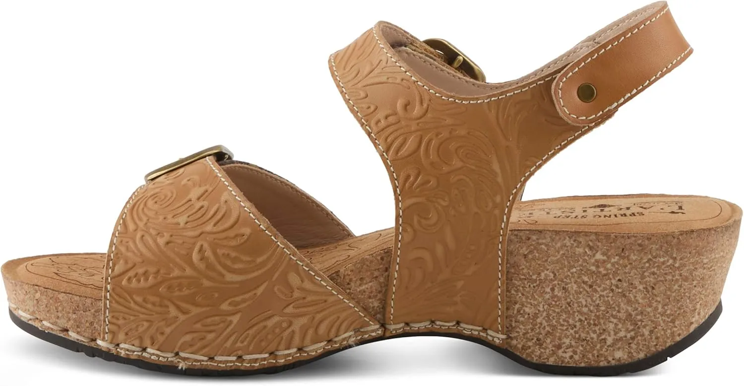 L'Artiste Women's OSUNA Hook-and-Loop Leather Sandals – Floral Cork Design, Adjustable Straps, Cushioned Demi-Wedge Sole