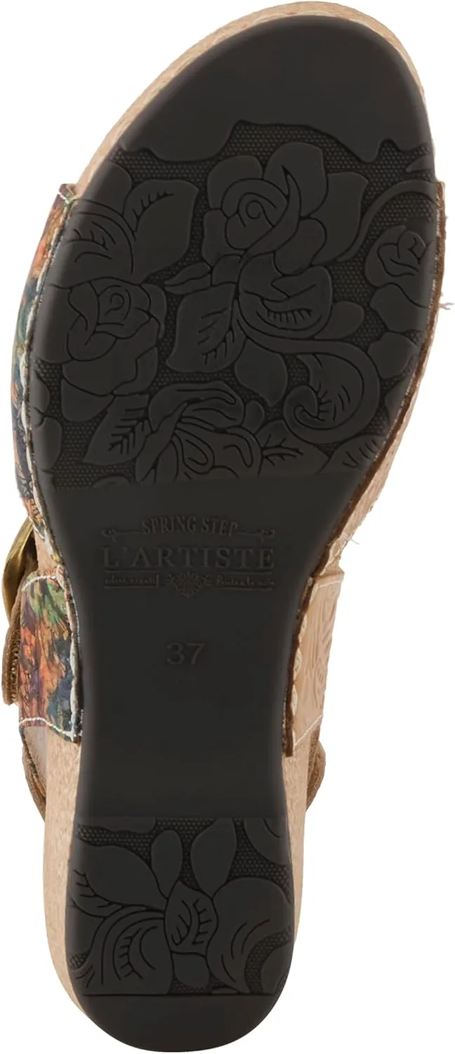 L'Artiste Women's OSUNA Hook-and-Loop Leather Sandals – Floral Cork Design, Adjustable Straps, Cushioned Demi-Wedge Sole