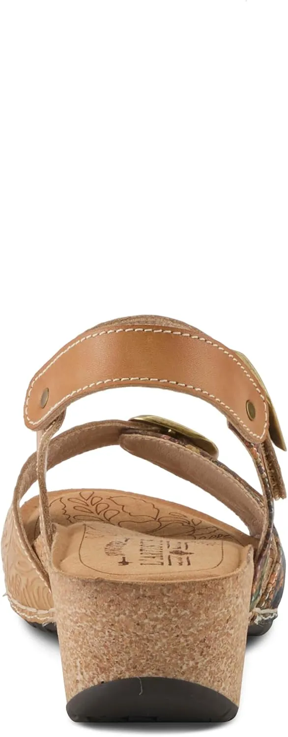 L'Artiste Women's OSUNA Hook-and-Loop Leather Sandals – Floral Cork Design, Adjustable Straps, Cushioned Demi-Wedge Sole