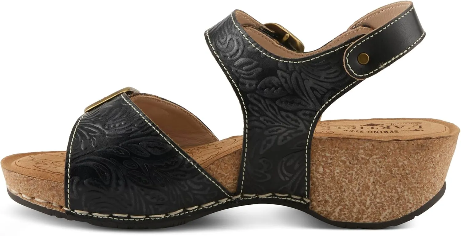 L'Artiste Women's OSUNA Hook-and-Loop Leather Sandals – Floral Cork Design, Adjustable Straps, Cushioned Demi-Wedge Sole
