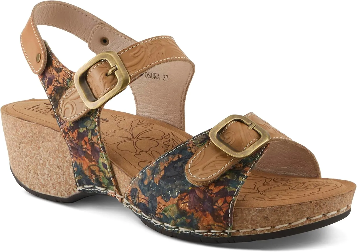L'Artiste Women's OSUNA Hook-and-Loop Leather Sandals – Floral Cork Design, Adjustable Straps, Cushioned Demi-Wedge Sole