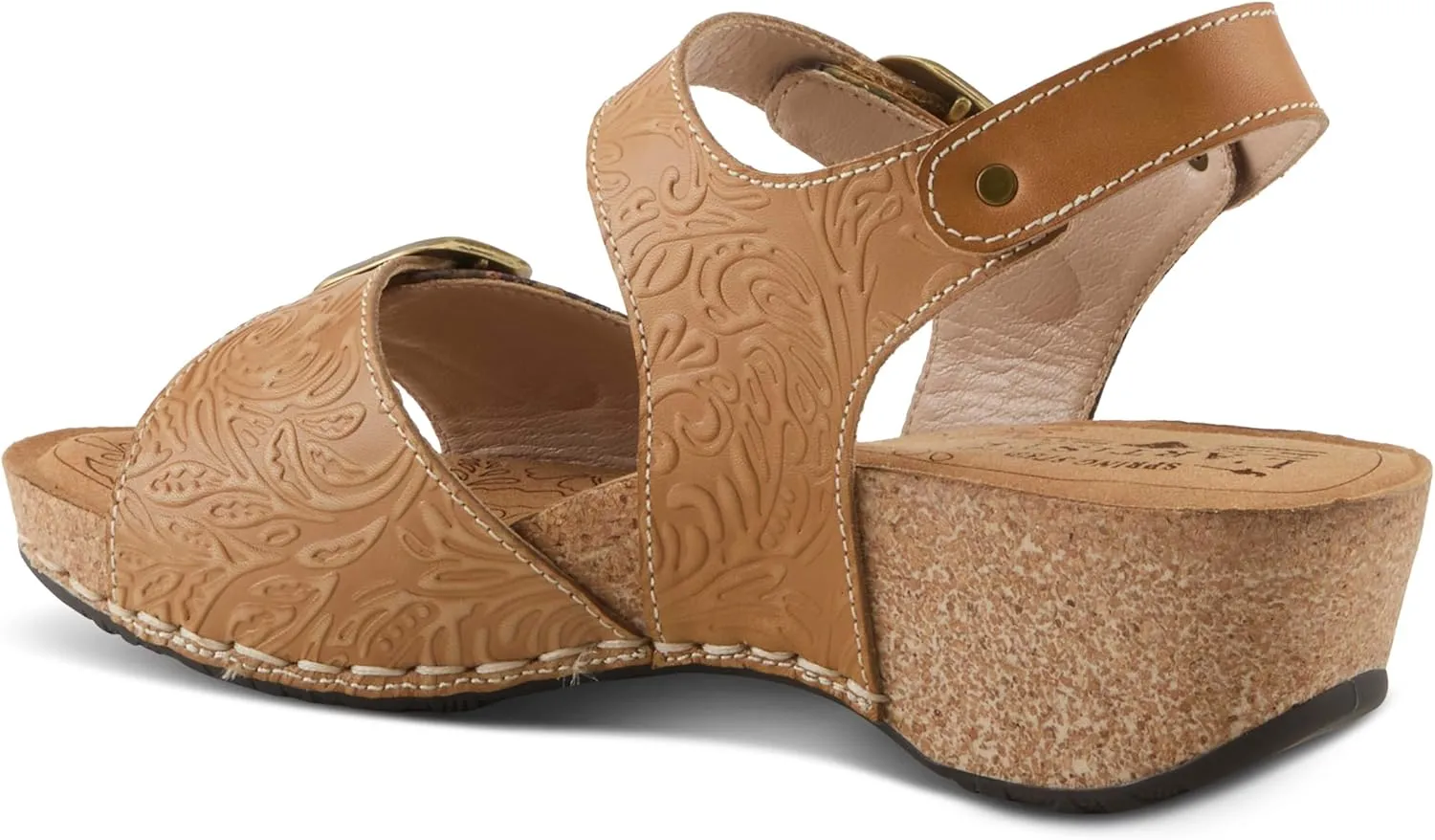 L'Artiste Women's OSUNA Hook-and-Loop Leather Sandals – Floral Cork Design, Adjustable Straps, Cushioned Demi-Wedge Sole