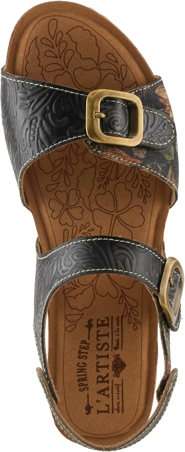 L'Artiste Women's OSUNA Hook-and-Loop Leather Sandals – Floral Cork Design, Adjustable Straps, Cushioned Demi-Wedge Sole