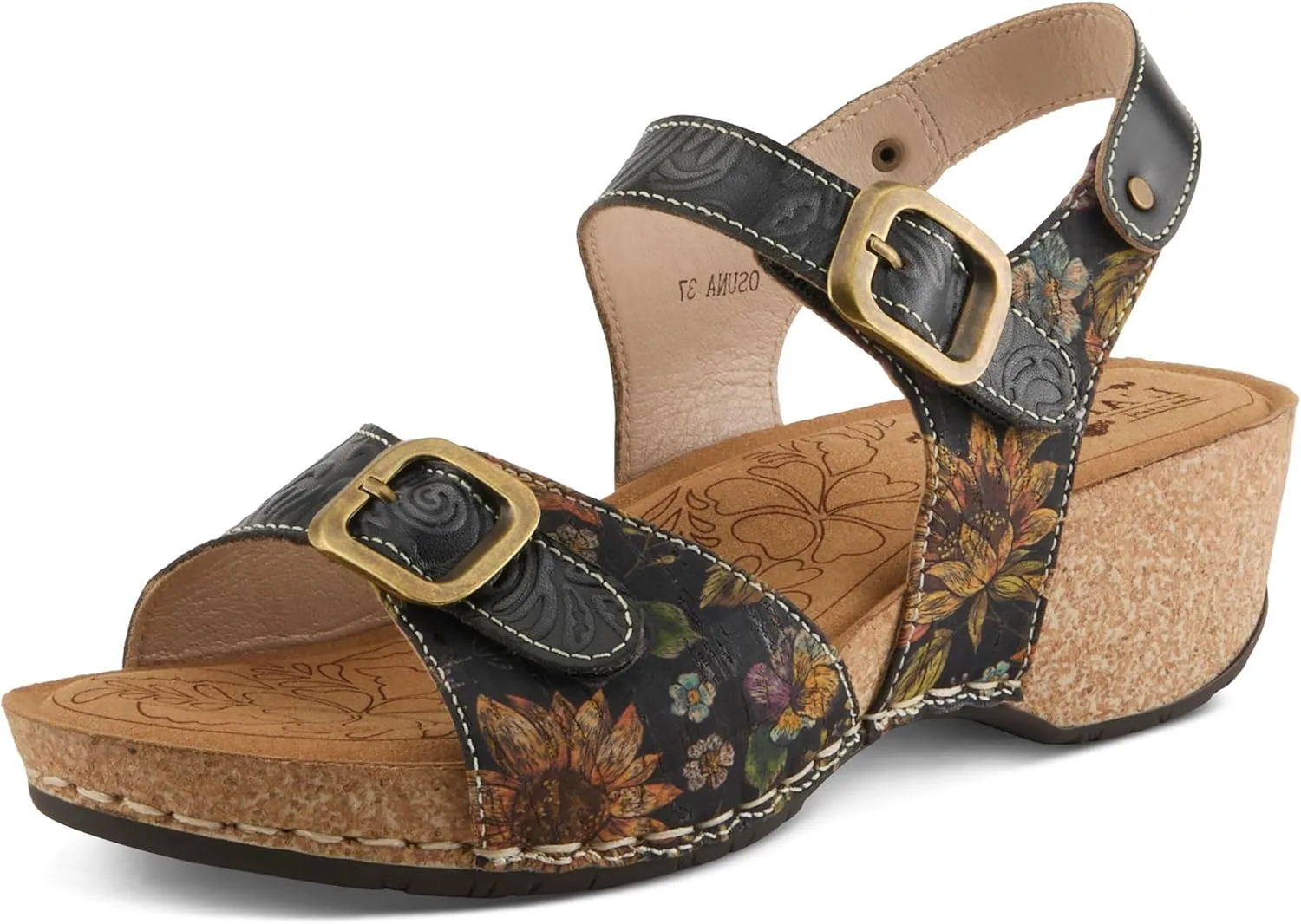 L'Artiste Women's OSUNA Hook-and-Loop Leather Sandals – Floral Cork Design, Adjustable Straps, Cushioned Demi-Wedge Sole