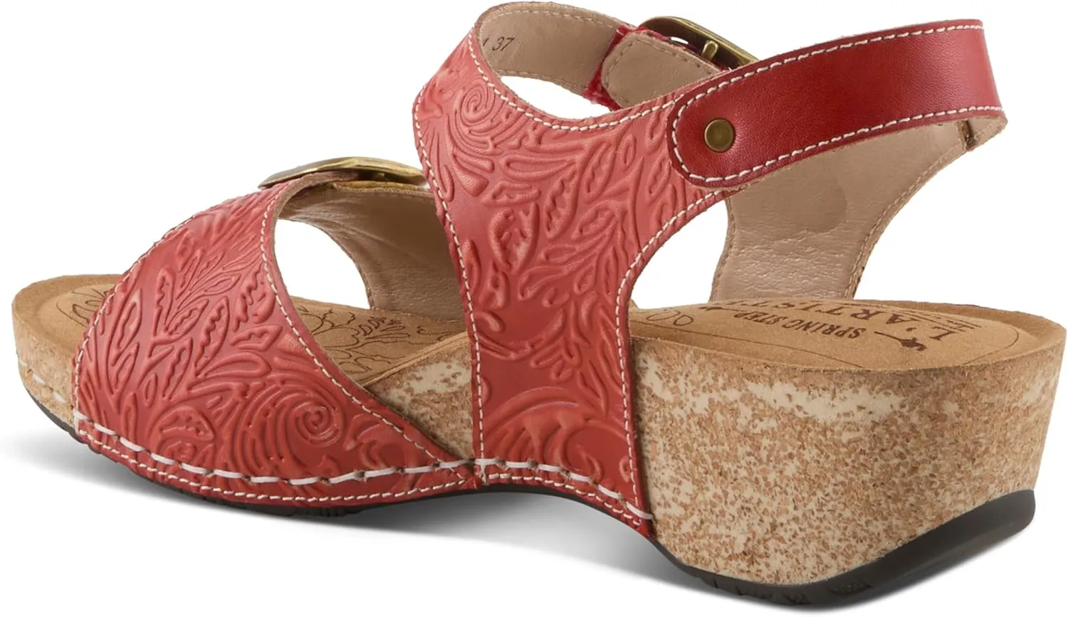L'Artiste Women's OSUNA Hook-and-Loop Leather Sandals – Floral Cork Design, Adjustable Straps, Cushioned Demi-Wedge Sole