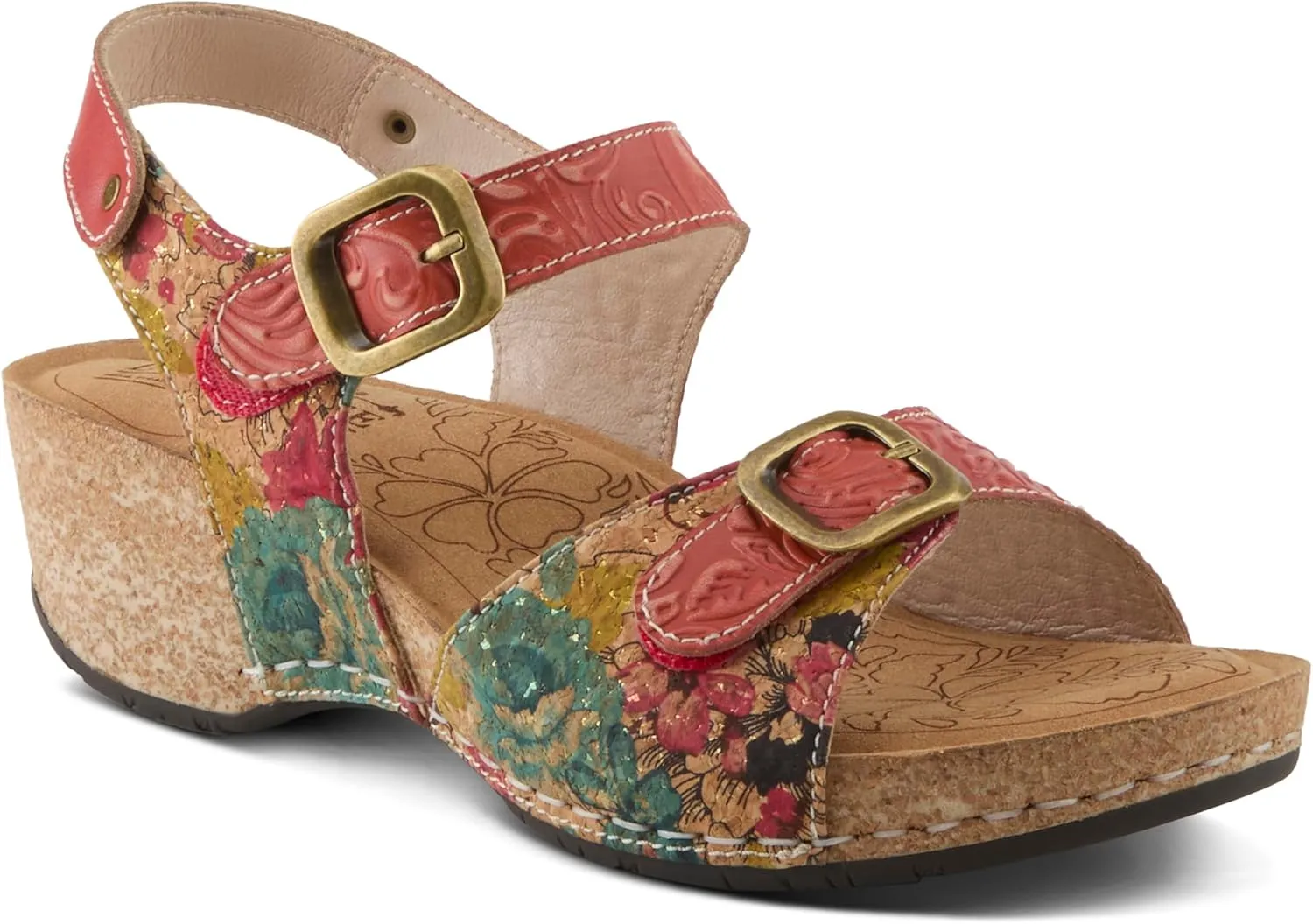 L'Artiste Women's OSUNA Hook-and-Loop Leather Sandals – Floral Cork Design, Adjustable Straps, Cushioned Demi-Wedge Sole