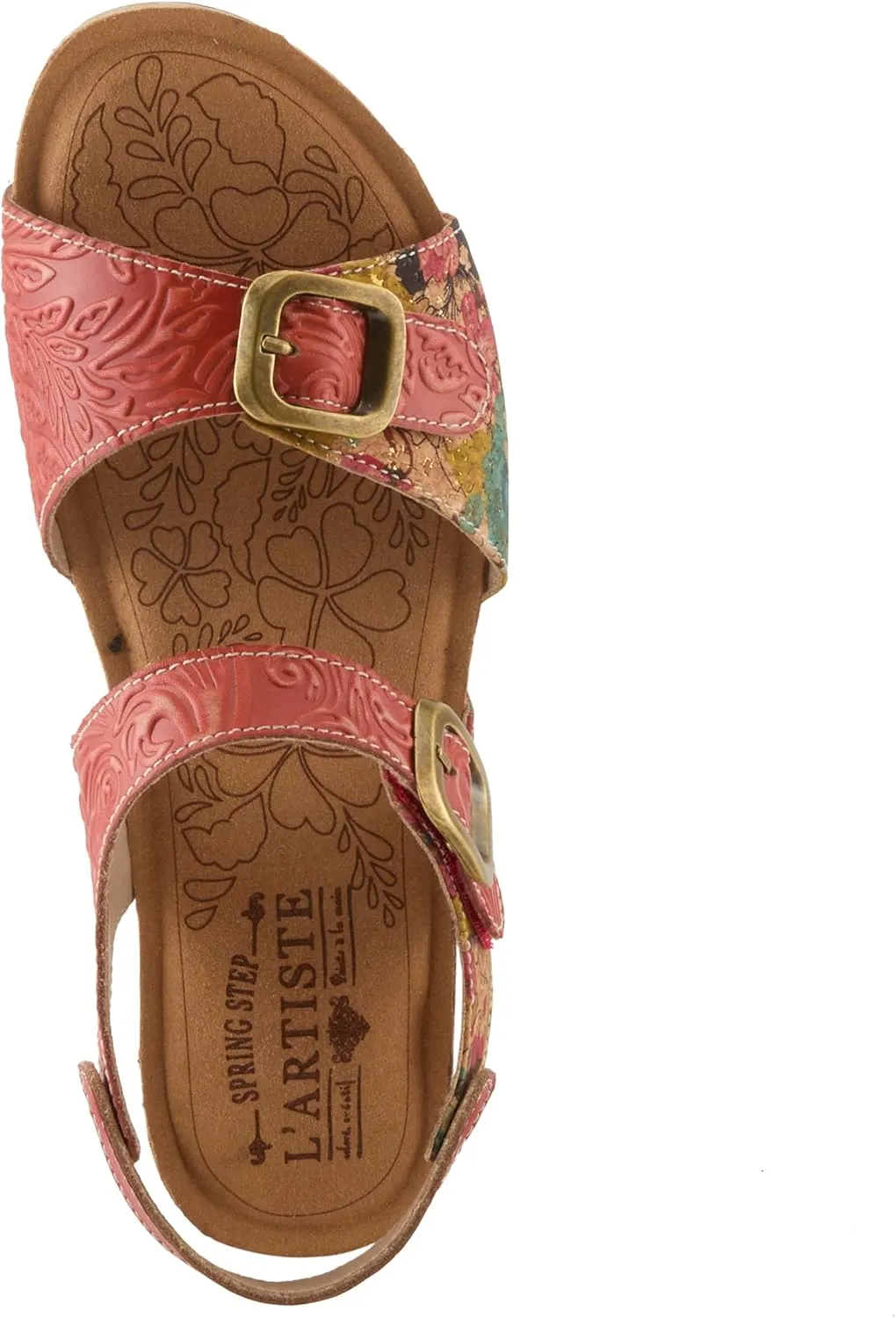 L'Artiste Women's OSUNA Hook-and-Loop Leather Sandals – Floral Cork Design, Adjustable Straps, Cushioned Demi-Wedge Sole