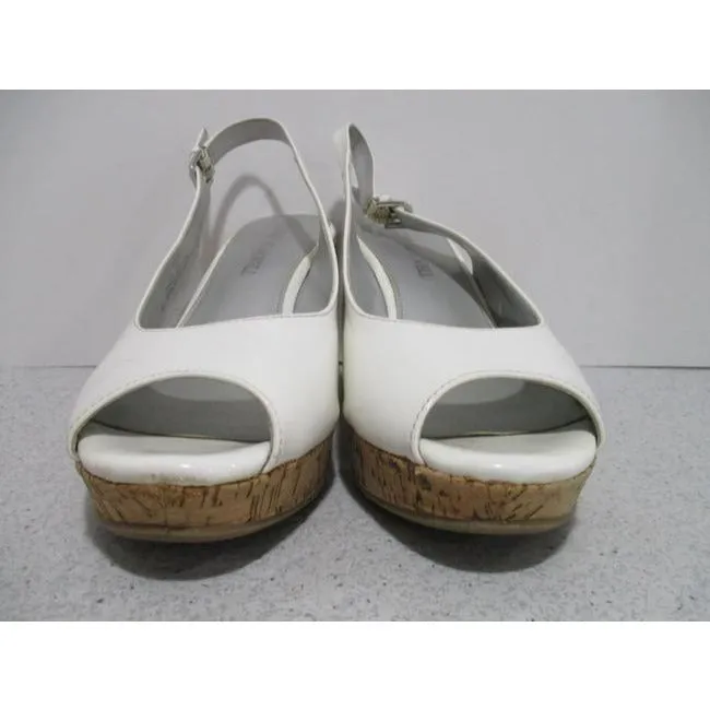 Lauren Blakwell White Patent Off Julie Slingback Peep Toe Cork Wedge Pumps Size Us