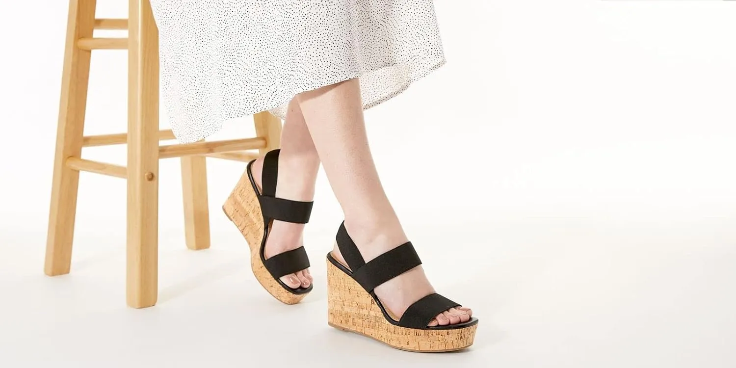 Limelight - Women's Open Square Toe Cork Wedge Sandals with Elastic Straps