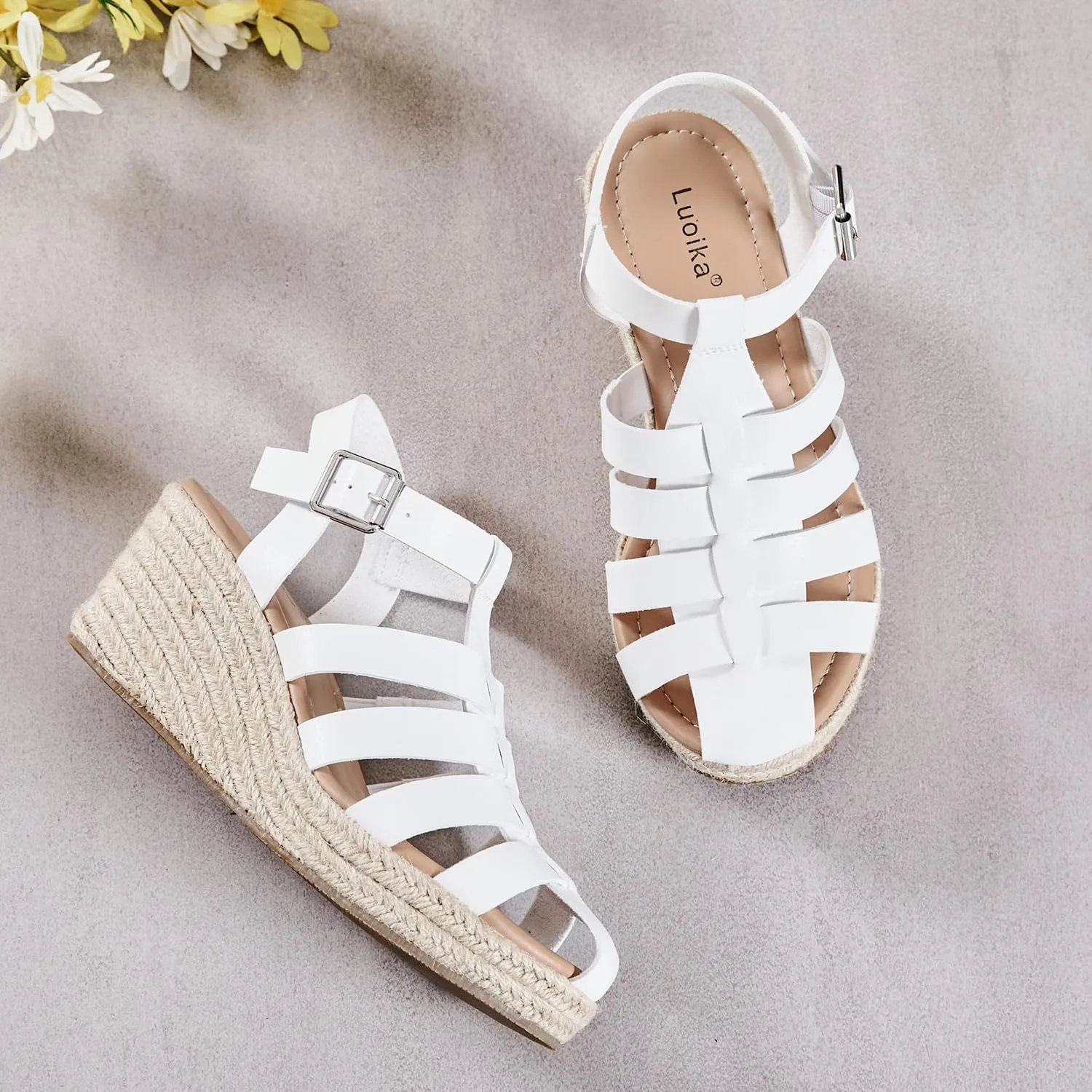 Luoika Women's Wide Width Wedge Sandals, Ankle Strap Open Toe Platform Espadrille Wedge Pump Heel Women's Sandals Concise Casual Summer Shoes.