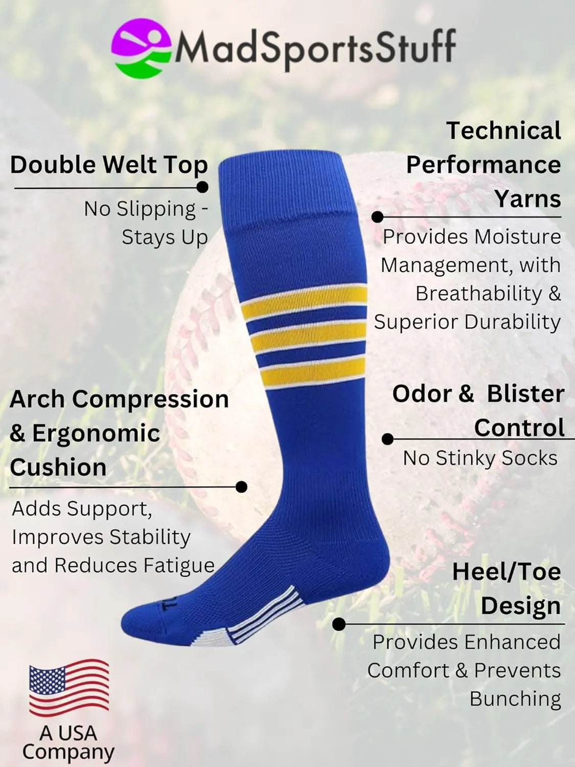 MadSportsStuff Dugout Baseball Socks and Softball Socks with Stripes for Boys, Girls, Men and Women Long Over the Calf
