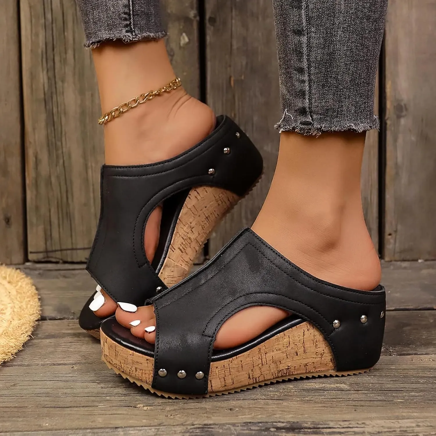 Maison Birch Lumi Cork Wedges, Lumi Stud Wedges Shoes, Cork Wedge Sandals for Women with Comfy Platform Orthopedic