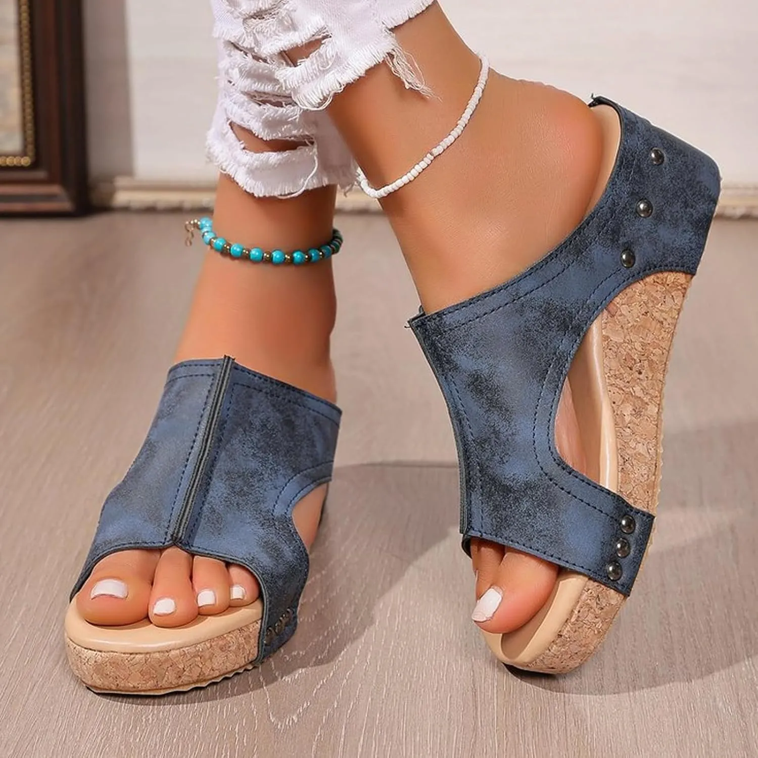 Maison Birch Lumi Cork Wedges, Lumi Stud Wedges Shoes, Cork Wedge Sandals for Women with Comfy Platform Orthopedic
