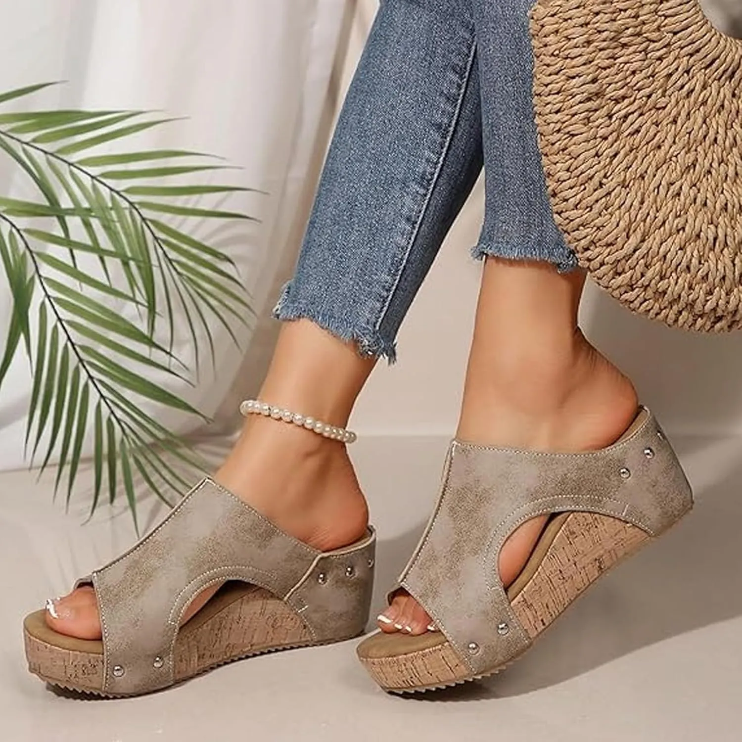 Maison Birch Lumi Cork Wedges, Lumi Stud Wedges Shoes, Cork Wedge Sandals for Women with Comfy Platform Orthopedic