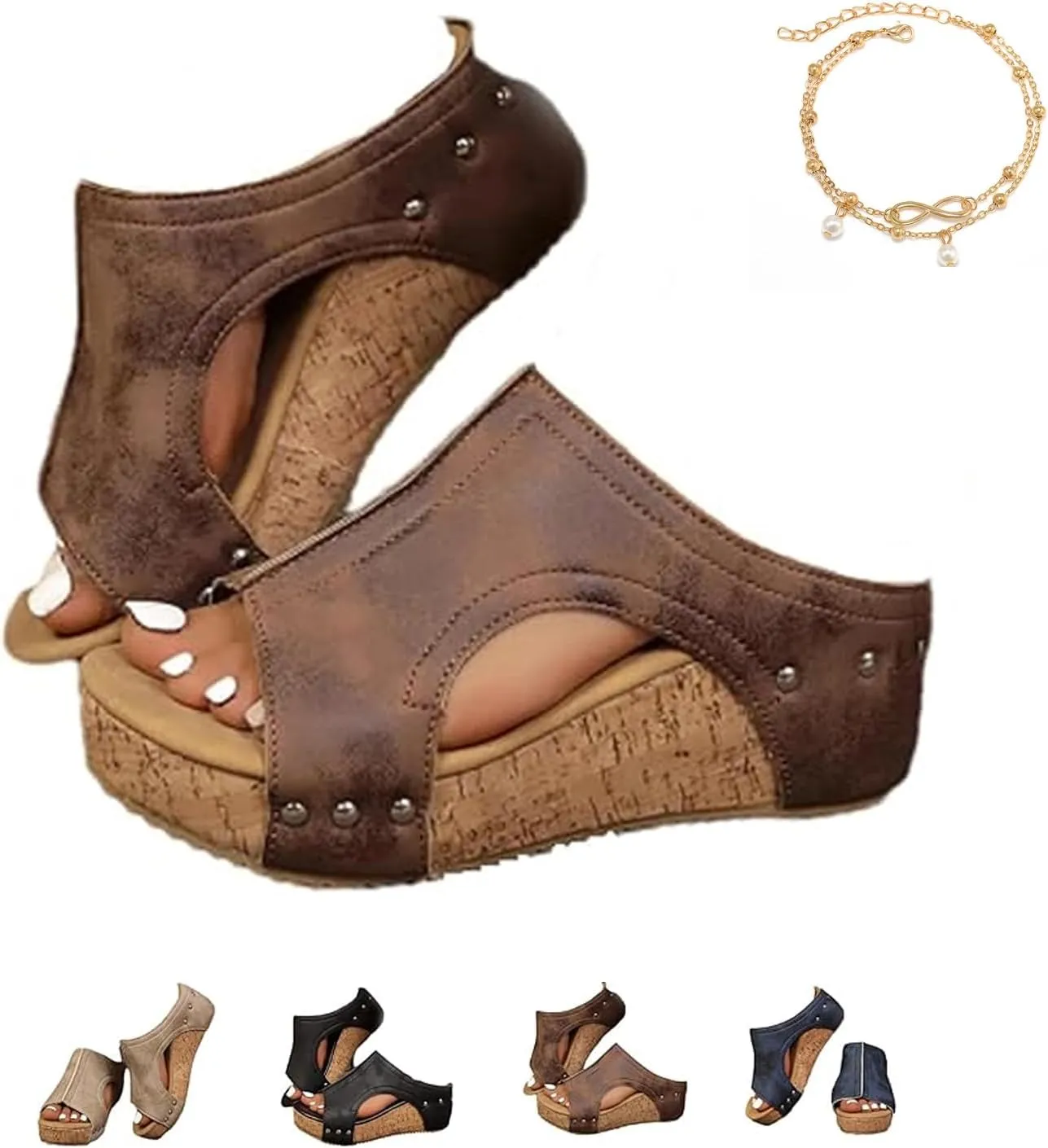 Maison Birch Lumi Cork Wedges, Lumi Stud Wedges Shoes, Cork Wedge Sandals for Women with Comfy Platform Orthopedic