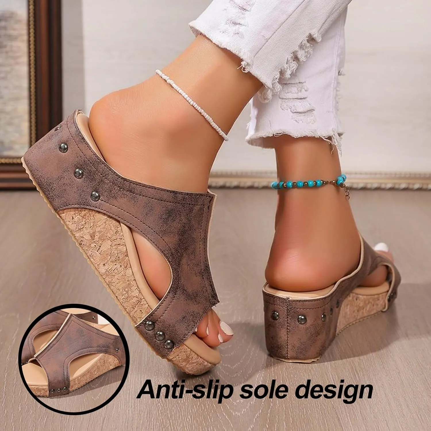 Maison Birch Lumi Cork Wedges, Lumi Stud Wedges Shoes, Cork Wedge Sandals for Women with Comfy Platform Orthopedic