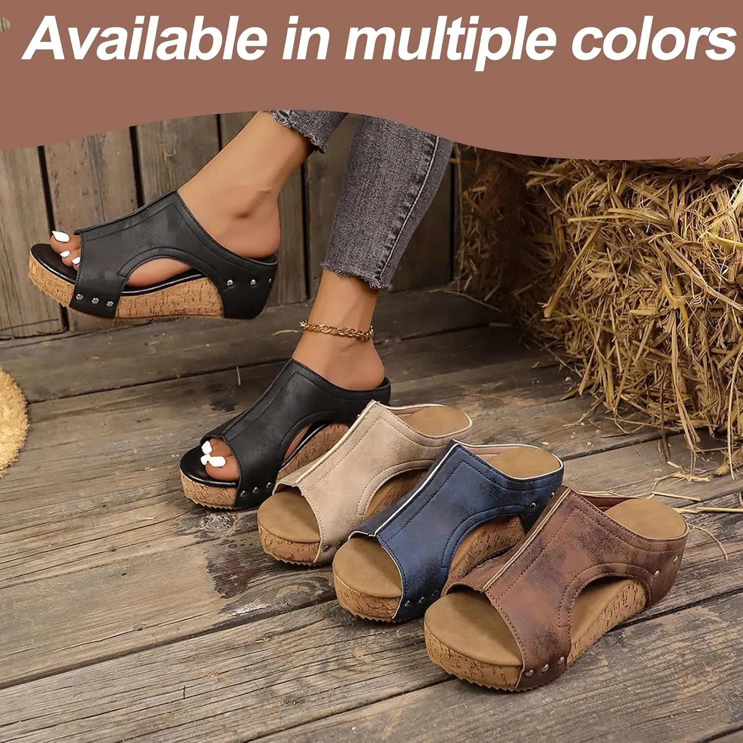 Maison Birch Lumi Cork Wedges, Lumi Stud Wedges Shoes, Cork Wedge Sandals for Women with Comfy Platform Orthopedic