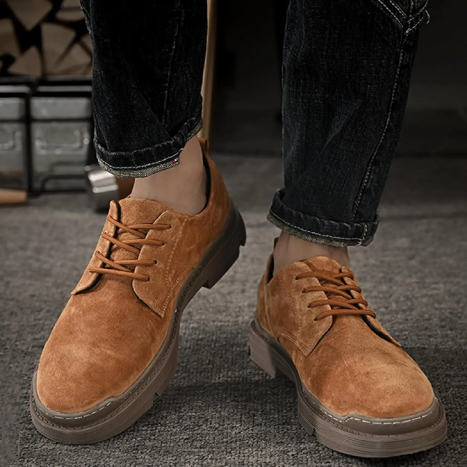 Men's Suede Lace Up Platform Oxfords Casual Comfortable Round Toe Anti-Slip Block Heel Dress Shoes Daily Business Work Office Derbys