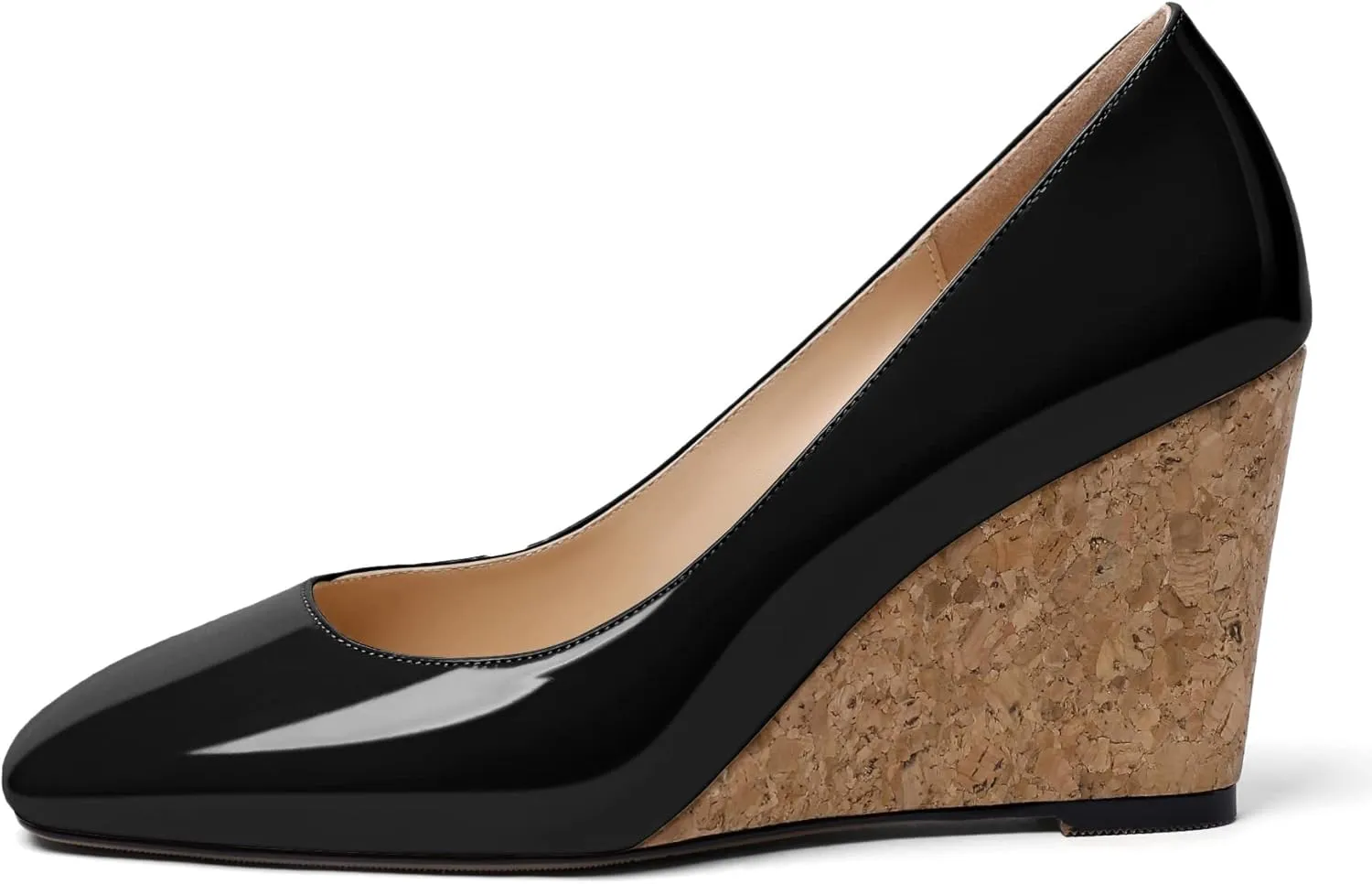 Mettesally Women's Cork Heel Wedges Square Closed Toe High Heels Pumps Slip On Fashion Party Office Dress Shoes