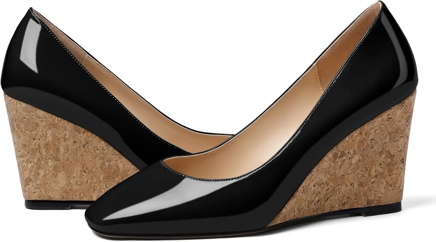 Mettesally Women's Cork Heel Wedges Square Closed Toe High Heels Pumps Slip On Fashion Party Office Dress Shoes