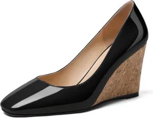 Mettesally Women's Cork Heel Wedges Square Closed Toe High Heels Pumps Slip On Fashion Party Office Dress Shoes