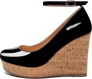 Mettesally Women's Platform Cork Wedge Heel Pumps Round Closed Toe Ankle Strap Classic Office Dress Shoes
