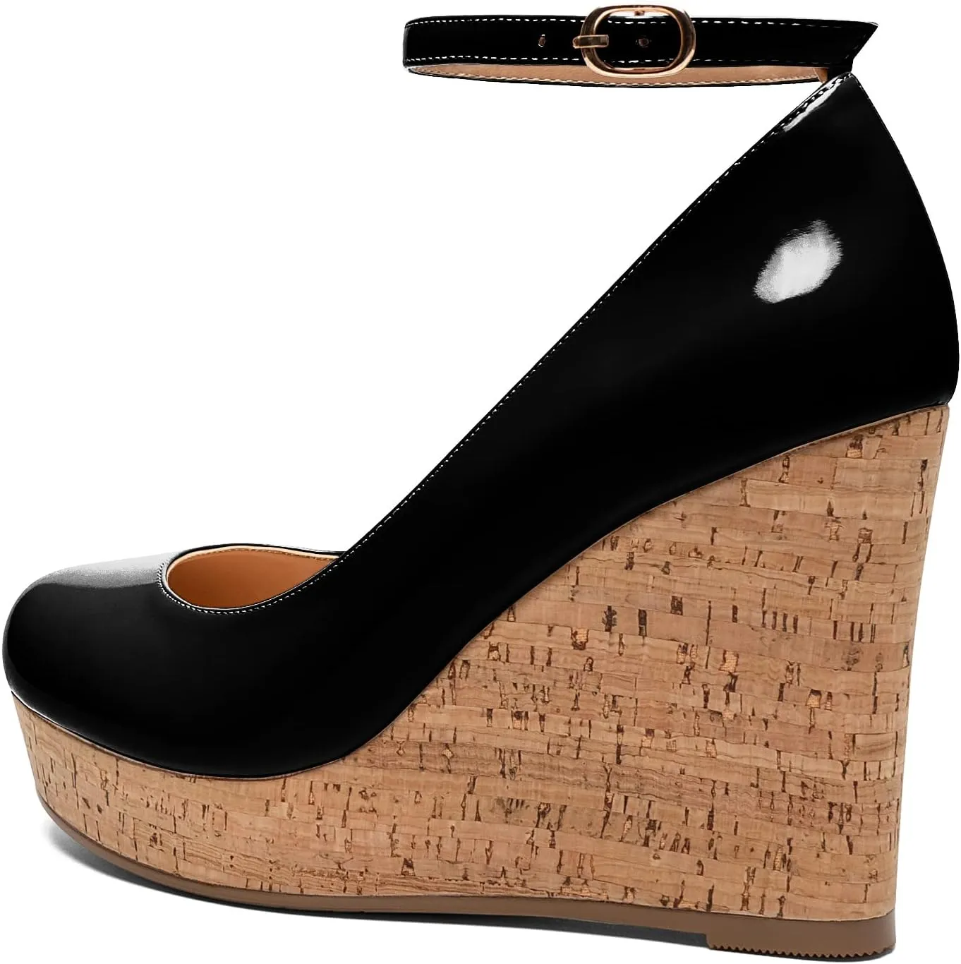 Mettesally Women's Platform Cork Wedge Heel Pumps Round Closed Toe Ankle Strap Classic Office Dress Shoes