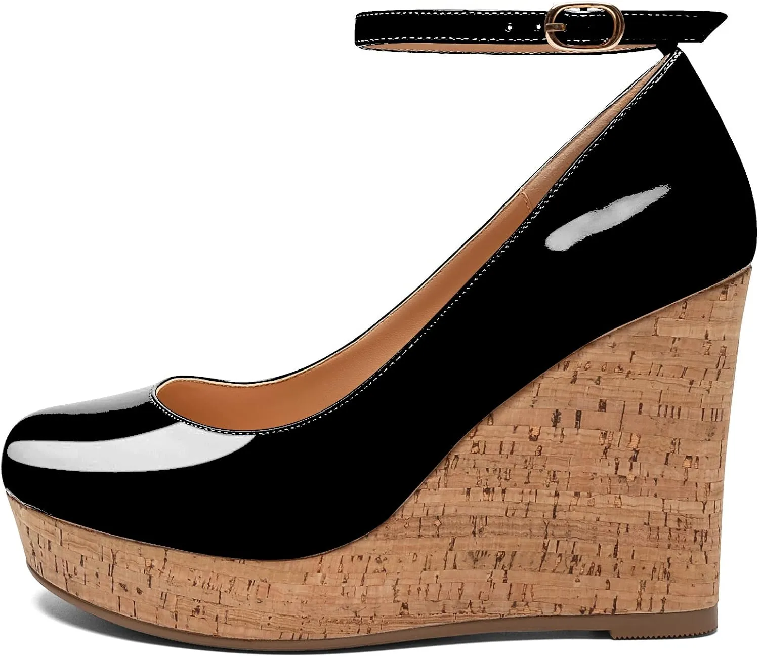 Mettesally Women's Platform Cork Wedge Heel Pumps Round Closed Toe Ankle Strap Classic Office Dress Shoes
