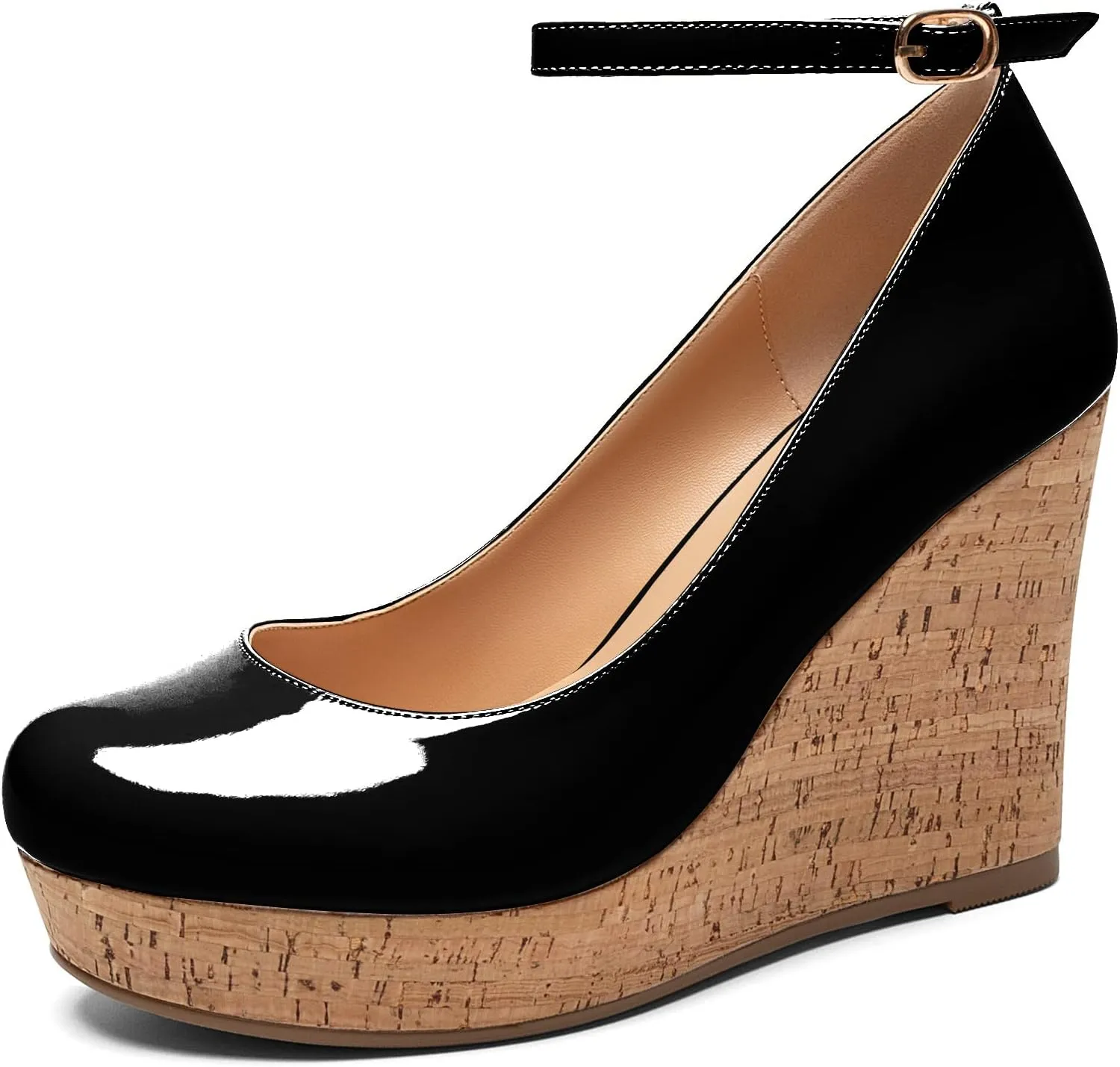 Mettesally Women's Platform Cork Wedge Heel Pumps Round Closed Toe Ankle Strap Classic Office Dress Shoes