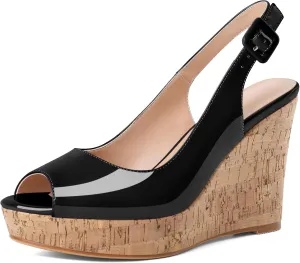 Mettesally Womens Slingback Heels High Wedge Platform Sandals Peep Round Toe 3.9 Inch Cork Sole Pumps Elegant Summer Office Dress Shoes