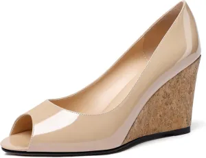 Mettesally Womens Wedge Shoes Cork High Heels Pumps Peep Toe Slip On Comfort Office Work Dress Shoes
