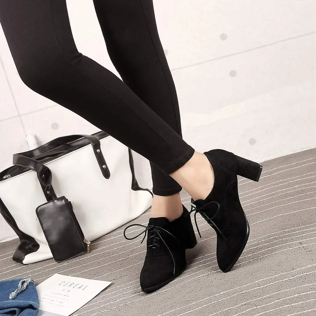 MIOKE Women's Pointed Toe Lace Up Pump Oxfords Suede Vintage Chunky Block Mid Heel Brogue Office Dress Shoes