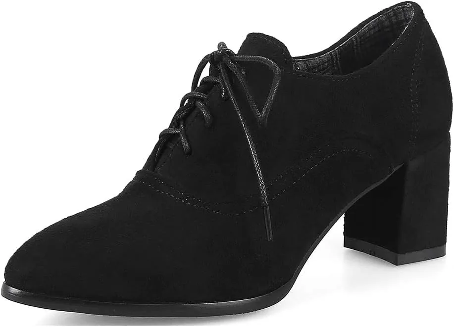 MIOKE Women's Pointed Toe Lace Up Pump Oxfords Suede Vintage Chunky Block Mid Heel Brogue Office Dress Shoes