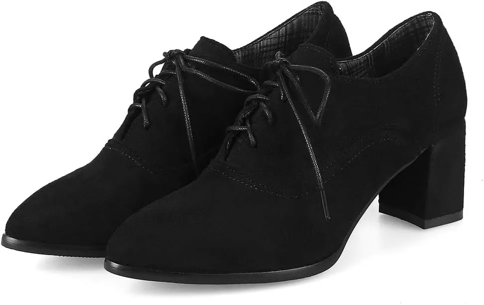 MIOKE Women's Pointed Toe Lace Up Pump Oxfords Suede Vintage Chunky Block Mid Heel Brogue Office Dress Shoes