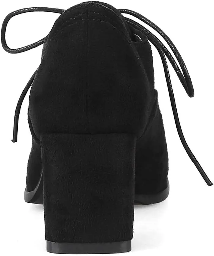 MIOKE Women's Pointed Toe Lace Up Pump Oxfords Suede Vintage Chunky Block Mid Heel Brogue Office Dress Shoes