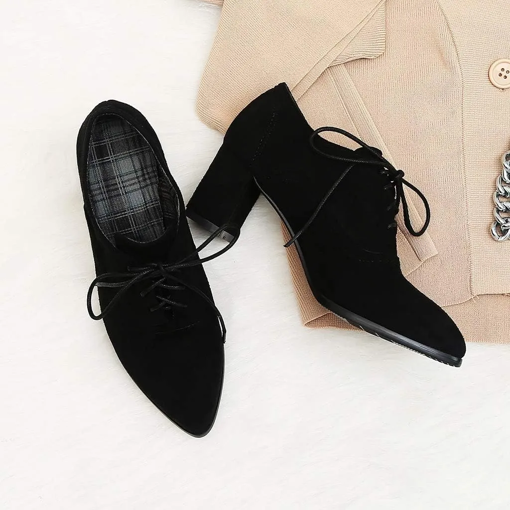 MIOKE Women's Pointed Toe Lace Up Pump Oxfords Suede Vintage Chunky Block Mid Heel Brogue Office Dress Shoes