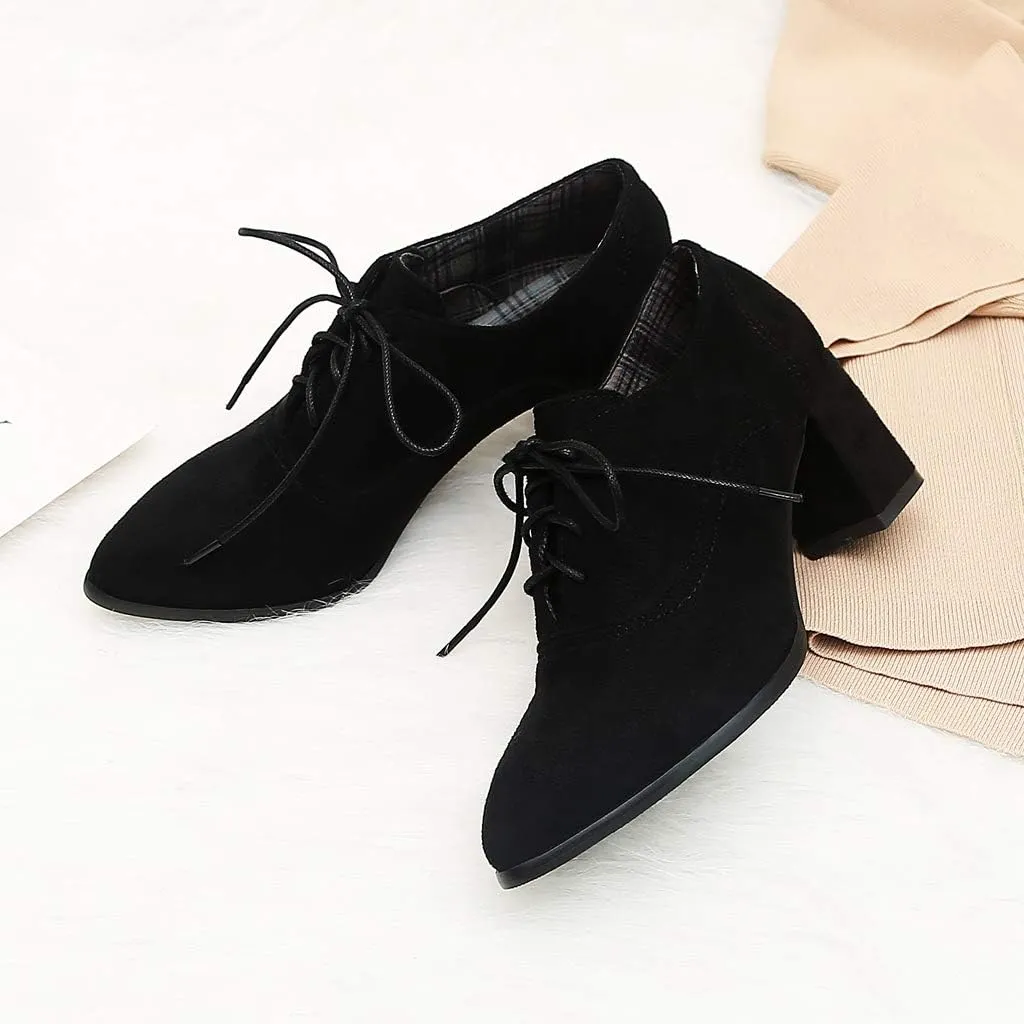 MIOKE Women's Pointed Toe Lace Up Pump Oxfords Suede Vintage Chunky Block Mid Heel Brogue Office Dress Shoes