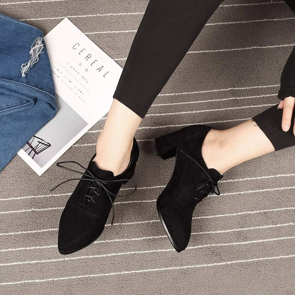 MIOKE Women's Pointed Toe Lace Up Pump Oxfords Suede Vintage Chunky Block Mid Heel Brogue Office Dress Shoes