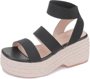 Monrovia Platform Sandals for Women – Elastic Strap Espadrille Wedge Sandals, Comfortable Chunky Heels for Summer Walking, Casual Travel or Beach Outfits