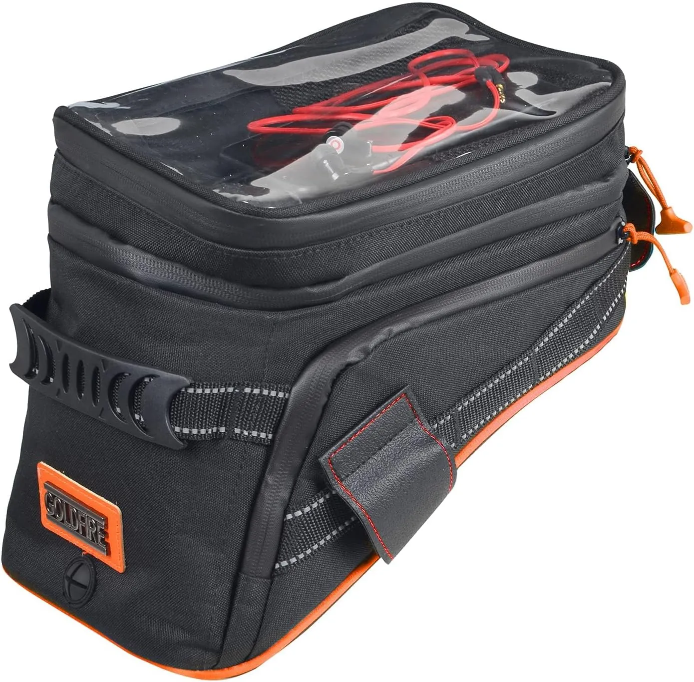 Motorcycle Tank Bag w/Strap Storage Bag Compatible with Honda Yamaha Suzuki Kawasaki Harley Water Resistant (Orange Piping)