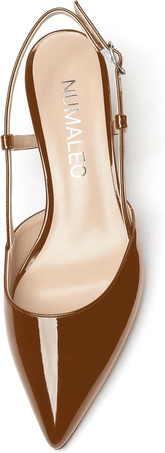 NUMALEO Womens Pointed Toe Buckle Fashion Patent Wedding Dress Slingback Kitten Low Heel Pumps Shoes 2 Inch