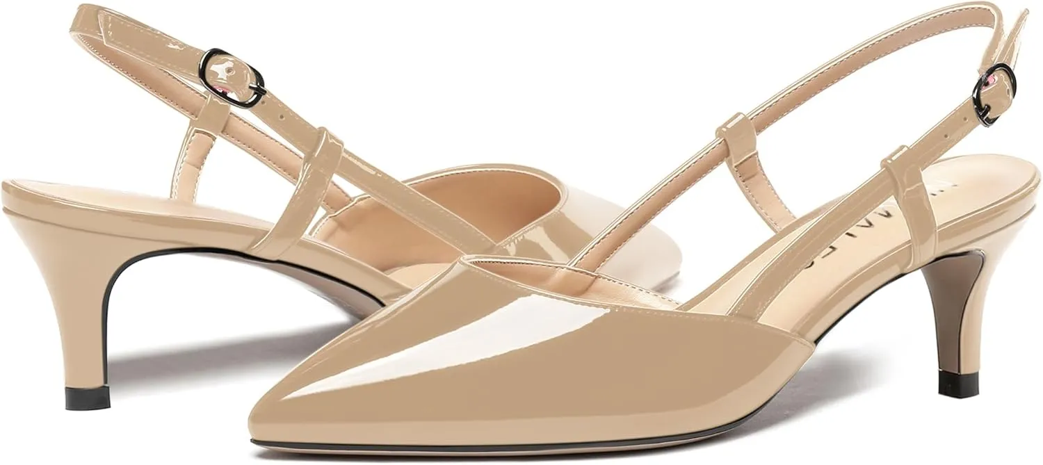 NUMALEO Womens Pointed Toe Buckle Fashion Patent Wedding Dress Slingback Kitten Low Heel Pumps Shoes 2 Inch